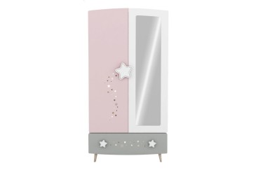 Roupeiro júnior 2 portas + 1 gaveta + Espelho nas cores cinzento, rosa e branco ao MELHOR PREÇO