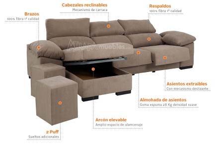 Sofá Reversível Chaiselongue VELA Castanho (Com ARCON)