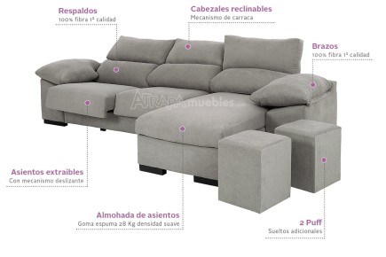 Sofá Chaiselongue Reversível VELA Gris Medio