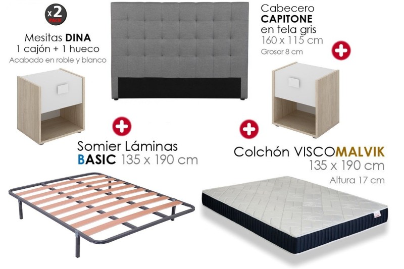 Comprar Pack Dormitorio 135x190 Móstoles - Cabecero + 2 mesitas + colchón +  somier + patas