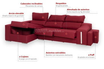 Sofá chaise lounge OSCAR em cor granada ao MELHOR PREÇO