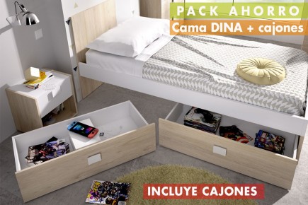 Pack Poupança Cama DINA + Gavetas + Estrado + Colchão Viscoelástico ESSENTIAL 90x190