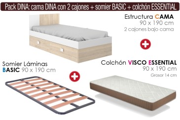 Pack AHORRO DINA cama de jovens com gavetas + estrado + colchão 90x190