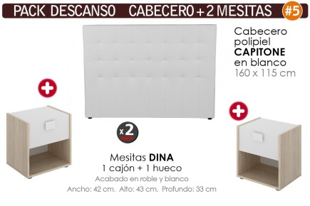 Pack AHORRO Cabeceira Capitone White + 2 mesas de cabeceira DINA