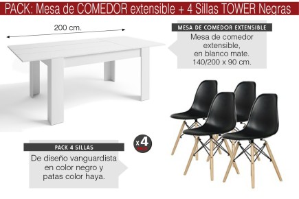 PACK Mesa extensível BASS + 4 cadeiras pretas TOWER design