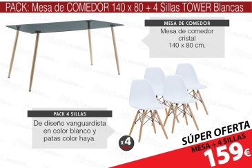 PACK Mesa de centro fixa 140x80 moderna + 4 cadeiras TOWER modernas em branco ao MELHOR PREÇO