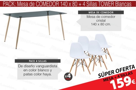 PACK Mesa de jantar IENA + 4 cadeiras TOWER Branco