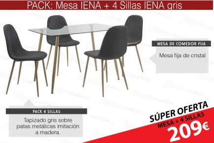 PACK Mesa de jantar IENA + 4 cadeiras IENA Cinzento