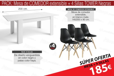 PACK Mesa extensível BASS + 4 cadeiras pretas TOWER design