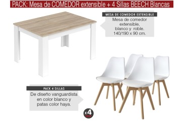 PACK Mesa MEDITERRANEO + 4 cadeiras brancas BEECH Design