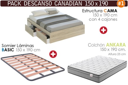 Pack AHORRO Cama 4 gavetas Carvalho + ANKARA 150x190