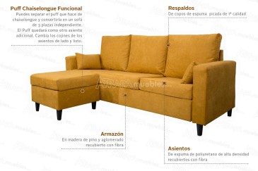 Sofá Chaiselongue de Diseño 3P reversible en color MOSTAZA al MEJOR PRECIO