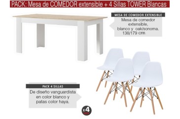 PACK ASTRID Mesa + 4 cadeiras TOWER brancas design