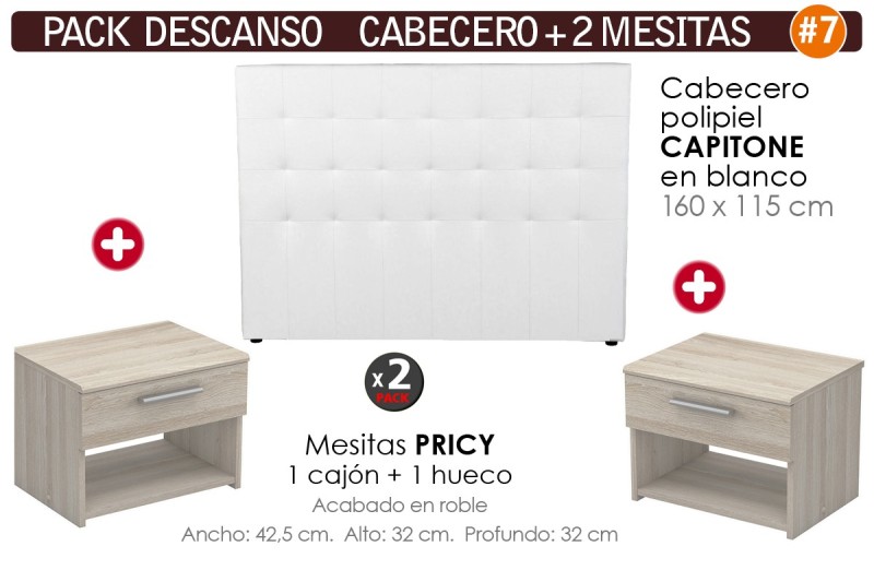 Pack SAVING Cabeceira Capitone Branco + 2 mesas de cabeceira PRICY