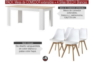 PACK Mesa ASTRID + 4 cadeiras BEECH Design branco