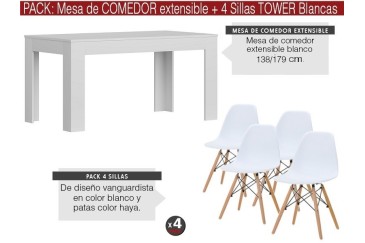 PACK de 1 Mesa de salón extensible + 4 Sillas Nordic de diseño en color Blanco