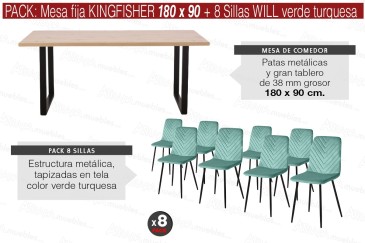 PACK KINGFISHER Mesa 180x90 + 8 Cadeiras WILL Verde Turquesa