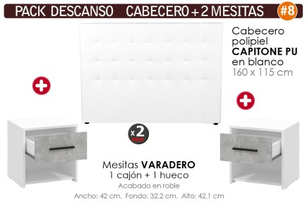 Pack Poupança Cabeceira Capitoné Branco + 2 Mesinhas de Cabeceira VARADERO