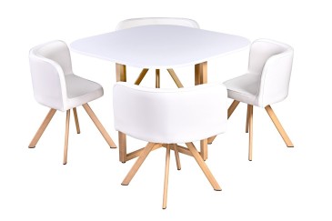 PACOTE de 1 mesa de centro + 4 cadeiras de cor branca por baixo da mesa