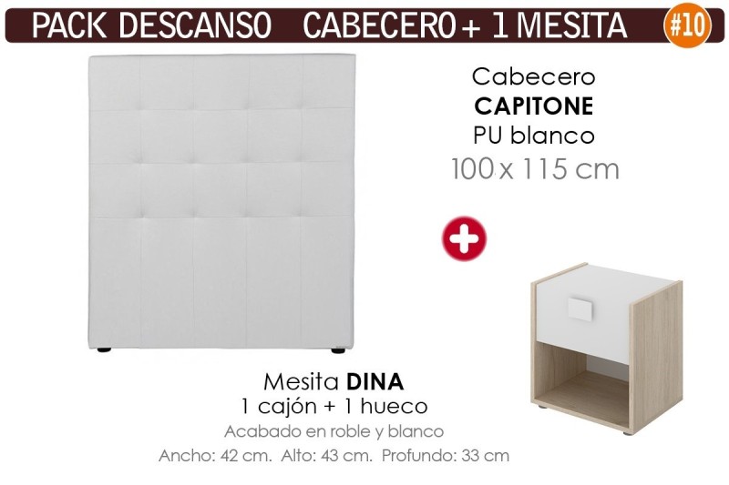 Pack AHORRO Cabecero Capitone Polipiel Blanco 100 + 1 Mesita DINA