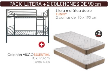 Pack Beliche FUNNY Cinza + 2 Colchões Viscoelásticos Essential 90x190