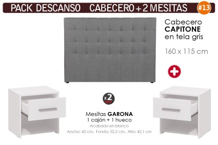 Pack Poupança Cabeceira Tecido Cinza + 2 Mesinhas de Cabeceira GARONA