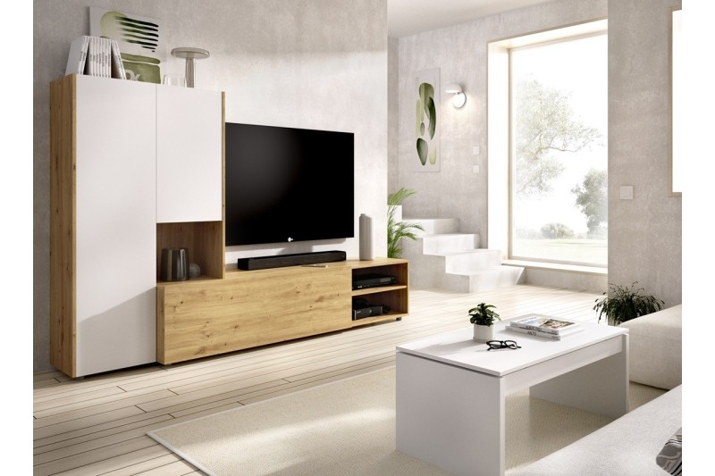Conjunto de muebles de salón en color madera natural con acabados en blanco  nordic