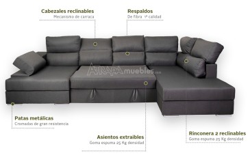 Sofá Chaiselongue Rinconera Izquierda ITALIA Gris (Convertible en Cama)