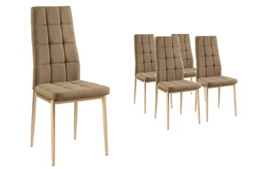 Conjunto de 4 cadeiras estofadas num elegante tecido bege e com uma estrutura metálica robusta.