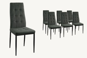 Conjunto de 6 cadeiras estofadas em elegante tecido cinzento escuro e estrutura metálica robusta.