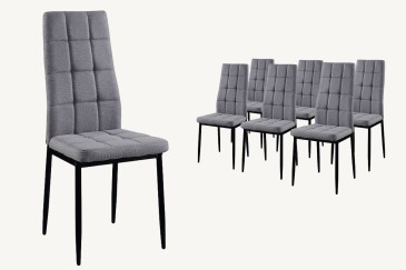 Conjunto de 6 cadeiras estofadas em elegante tecido cinzento claro e estrutura metálica robusta.