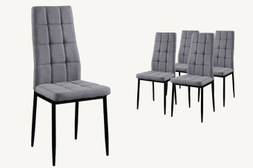 Conjunto de 4 cadeiras estofadas em elegante tecido cinzento claro e estrutura metálica robusta.