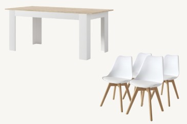 PACOTE de 1 mesa de centro extensível + 4 cadeiras de design BEECH em cor branca