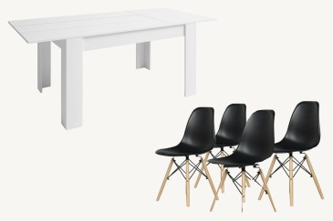 PACK de 1 Mesa de salón extensible + 4 Sillas Nordic en color Negro