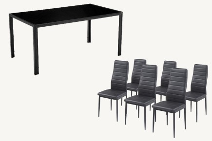 PACK de 1 Mesa de salón cristal Negro + 6 Sillas en color Negro