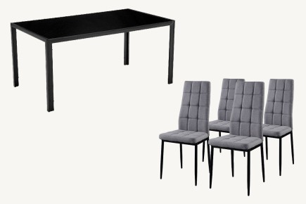 PACK de 1 Mesa de salón cristal Negro + 4 Sillas en color Gris