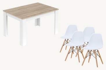 PACK de 1 Mesa de salón extensible + 4 Sillas de diseño en color Blanco