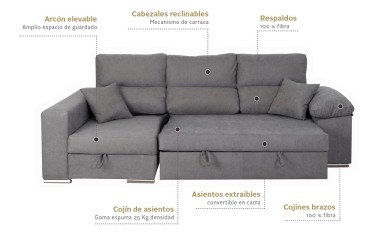 Sofá chaiselonge Cama CAGLIARI Gris al MEJOR PRECIO