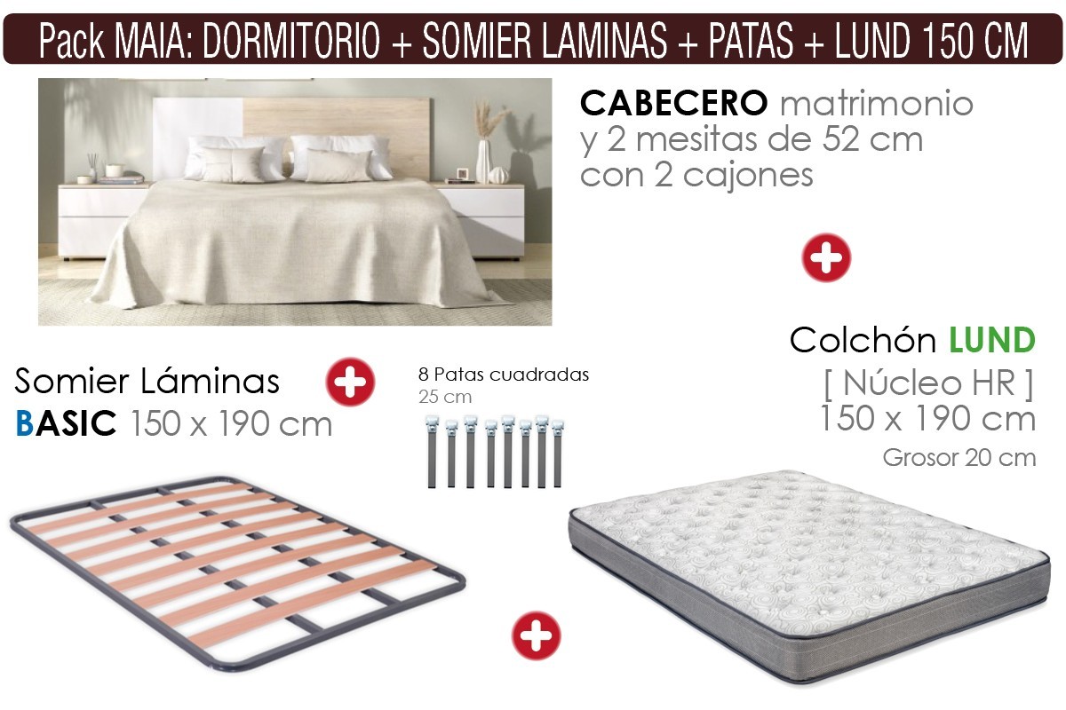 PACK Dormitorio MAIA + Somier láminas + Colchón LUND 150