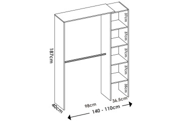 Armario vestidor adaptable de 140 cm compuesto de 5 Huecos + 2 barras