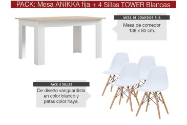 PACK de 1 Mesa de salón + 4 Sillas NORDIC Blancas