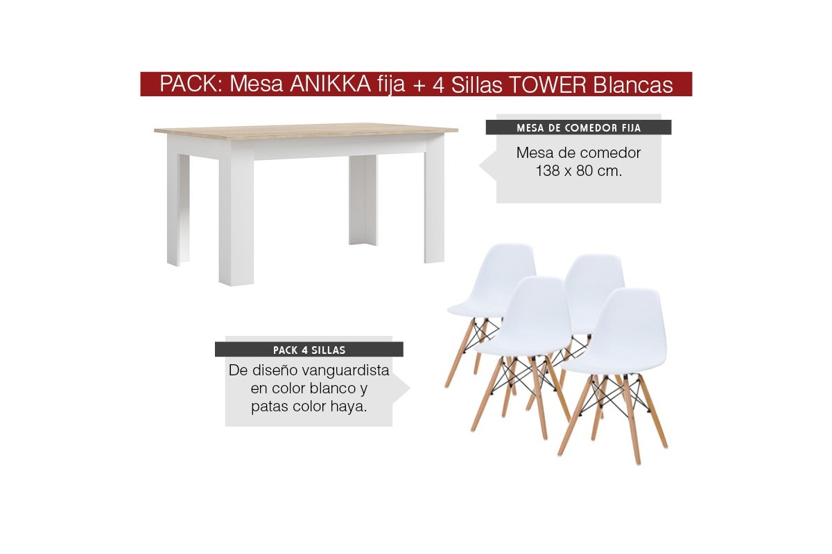 PACK Mesa ANNIKA + 4 cadeiras TOWER brancas