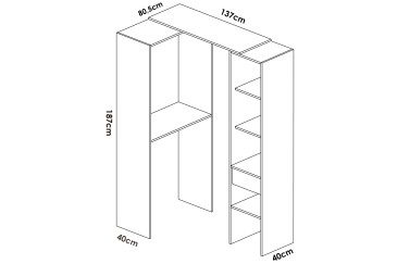 Roupeiro de 140 cm adaptável com 5 compartimentos + 2 calhas