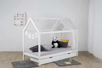 Original cama infantil blanca con forma de cabaña con cajones