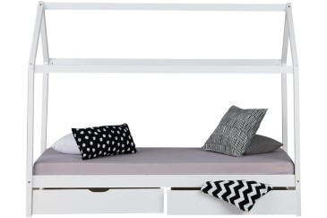 Original cama infantil blanca con forma de cabaña con cajones