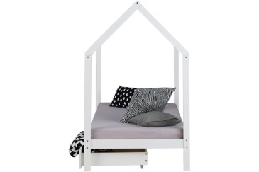 Original cama infantil blanca con forma de cabaña con cajones