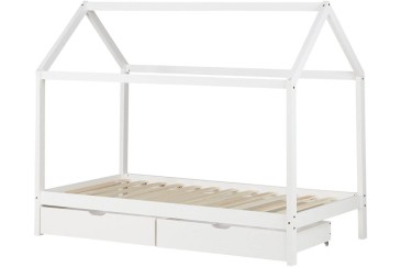 Original cama infantil blanca con forma de cabaña con cajones