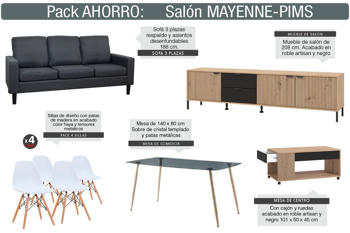 Pack AHORRO Salón MAYENNE PIMS 3 Plazas