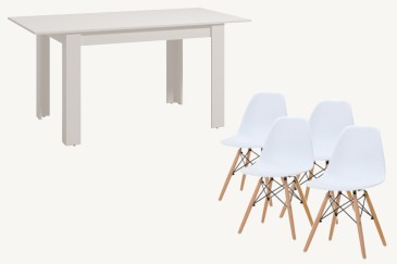 PACK de 1 Mesa de salón extensible + 4 Sillas Nordic de diseño en color Blanco