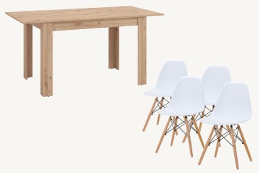 PACK de 1 Mesa de salón extensible + 4 Sillas Nordic de diseño en color Blanco